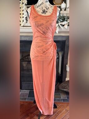 Sheer Mesh Orange Maxi Dress Cover Up Side Ruching Open Side Sleeveless Medium